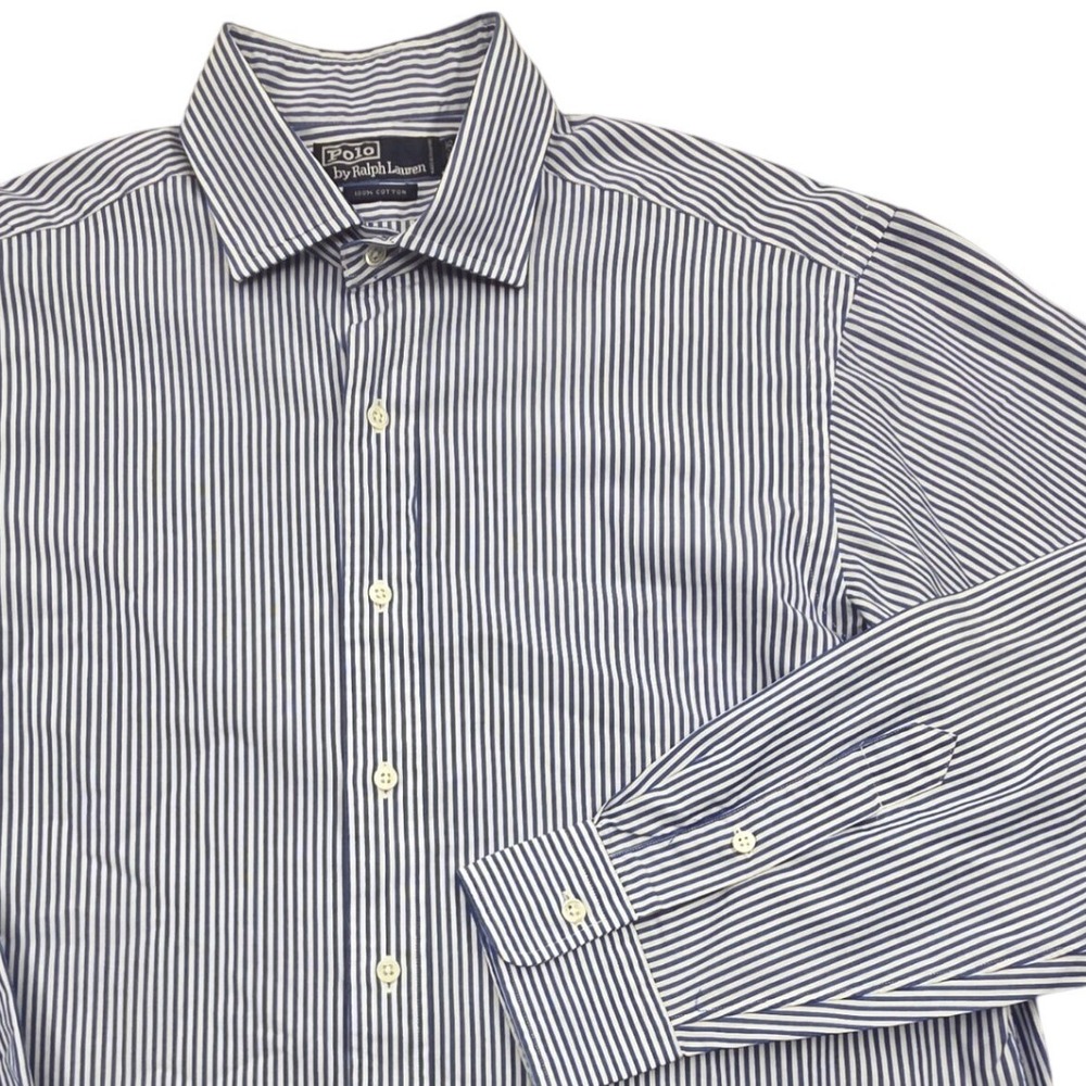 Polo Ralph Lauren Mens Blue White Striped Dress Shirt 16.5 35 Long Sleeve Cotton